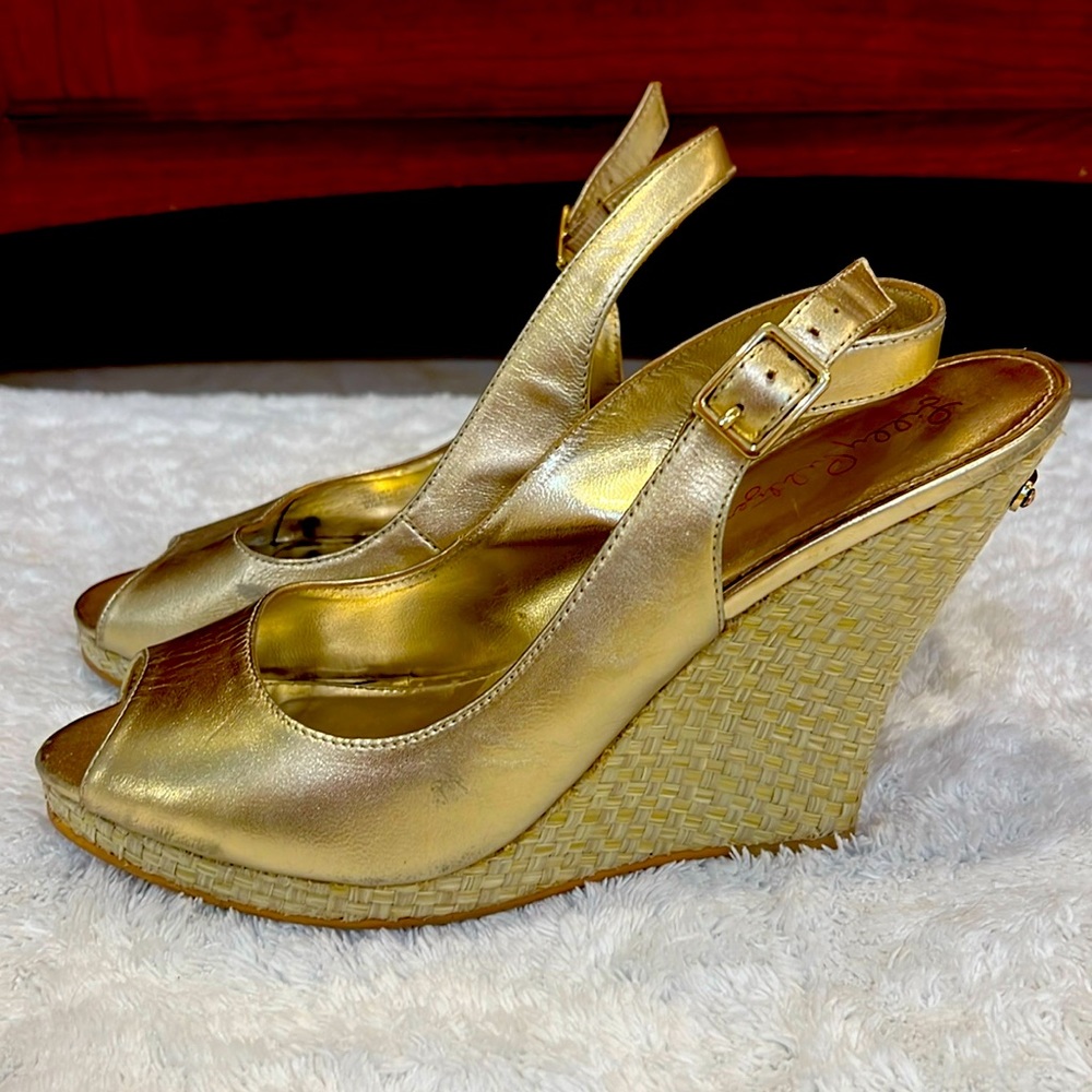 Tory Burch gold wedge sling back